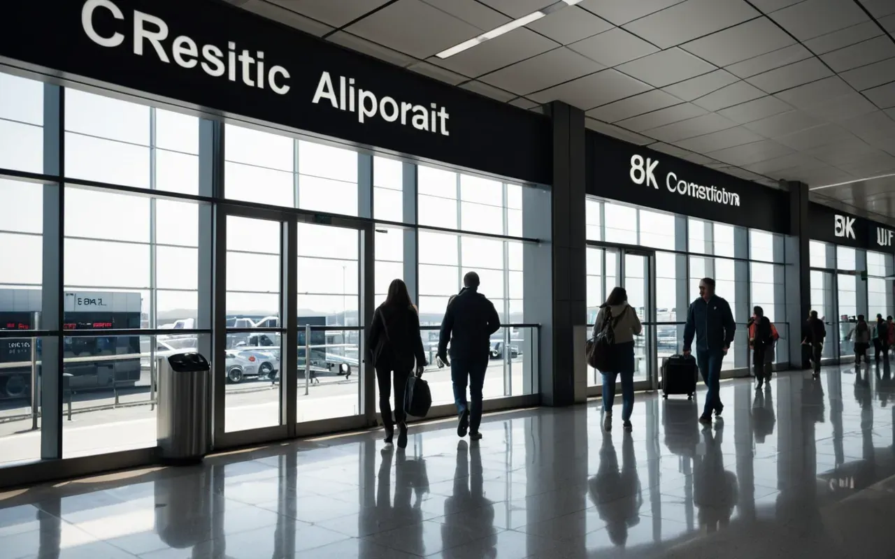 Wide shot of a contemporary airport terminal with travelers walking through glass doors and soft natural light streaming in