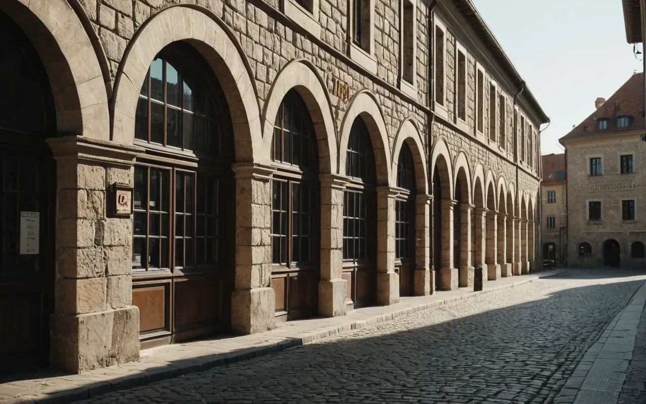 Wide shot of a historical European style building facade with arched windows and stone walls, soft morning light creating long shadows on the cobblestone street in front, no people visible