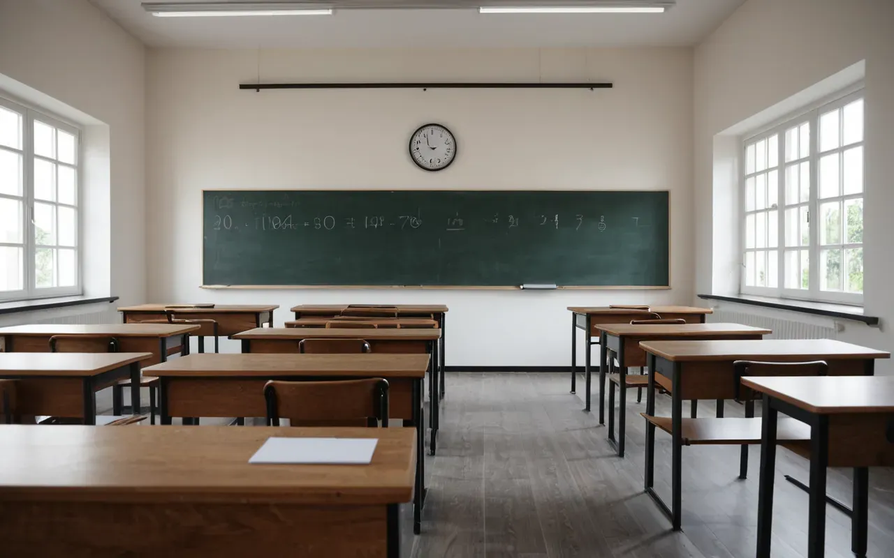 modern dil sınıfları Wide shot of a modern minimalist classroom interior with empty wooden desks and whiteboards, soft natural daylight from large windows, clean editorial photography style without any text or people present in the frame.
