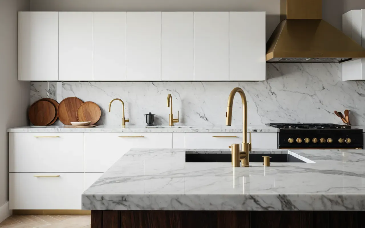 Wide shot of a modern minimalist kitchen interior with marble countertops, brushed brass fixtures, soft natural daylight, editorial photography