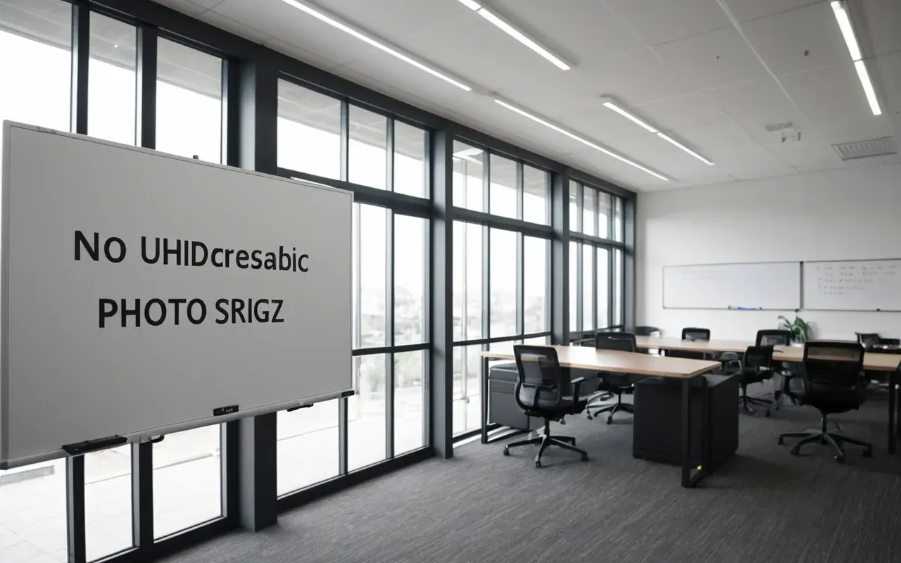 Wide shot of a modern minimalist office interior with glass partitions, natural daylight streaming through large windows, and a clean whiteboard visible in the background, professional corporate atmosphere