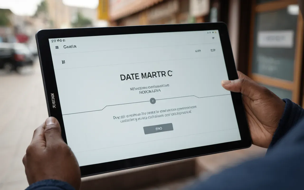A close-up of a hand holding a tablet with abstract geometric shapes and flowing lines on the screen, symbolizing data processing. The background is softly blurred with warm office lighting, emphasizing focus and modern technology usage in an educational context.