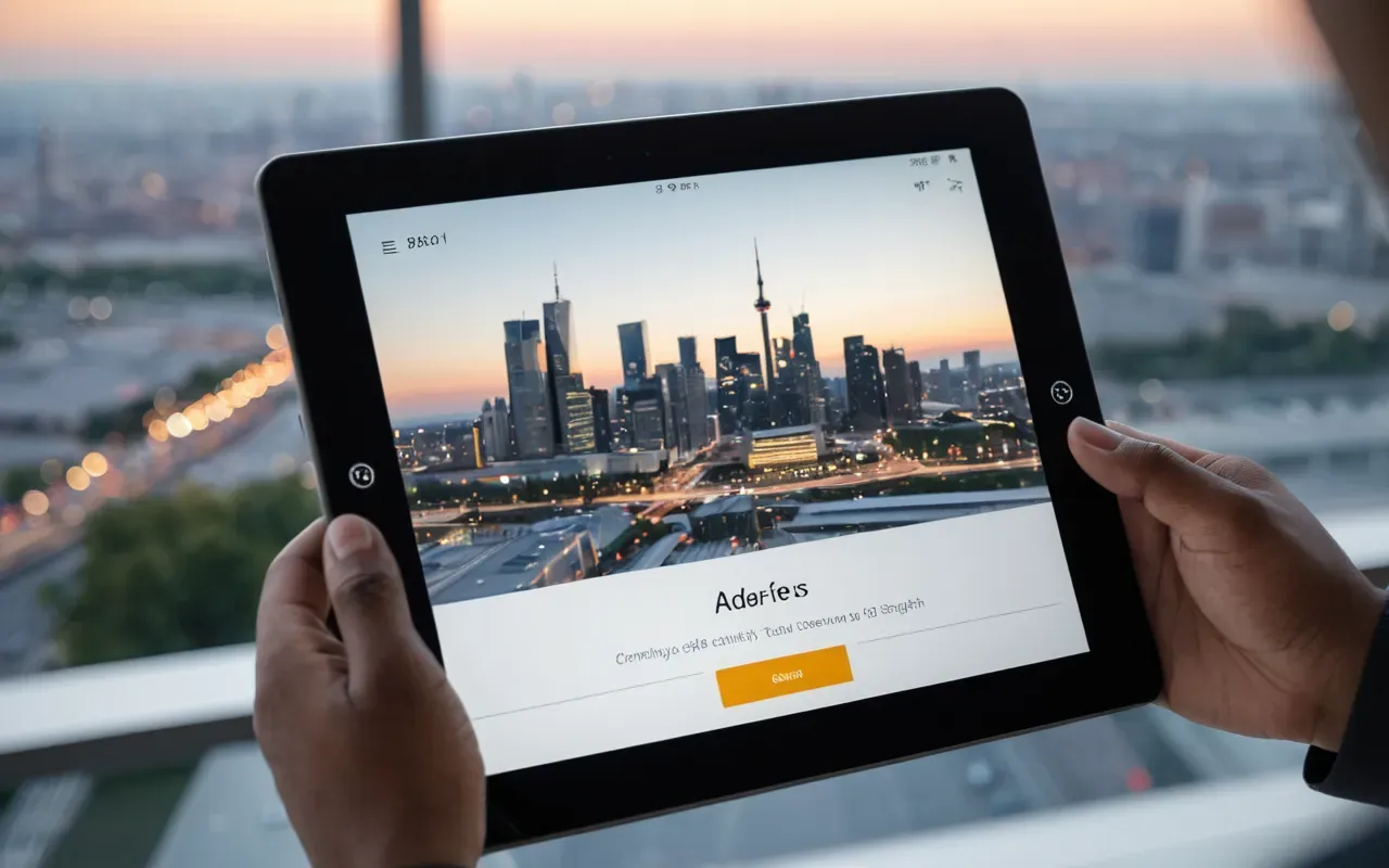 A close-up of a hand holding a modern tablet device in a bright contemporary office environment, background blurred with soft bokeh lights of a city skyline at dusk, focus on the user's interaction with the screen interface.