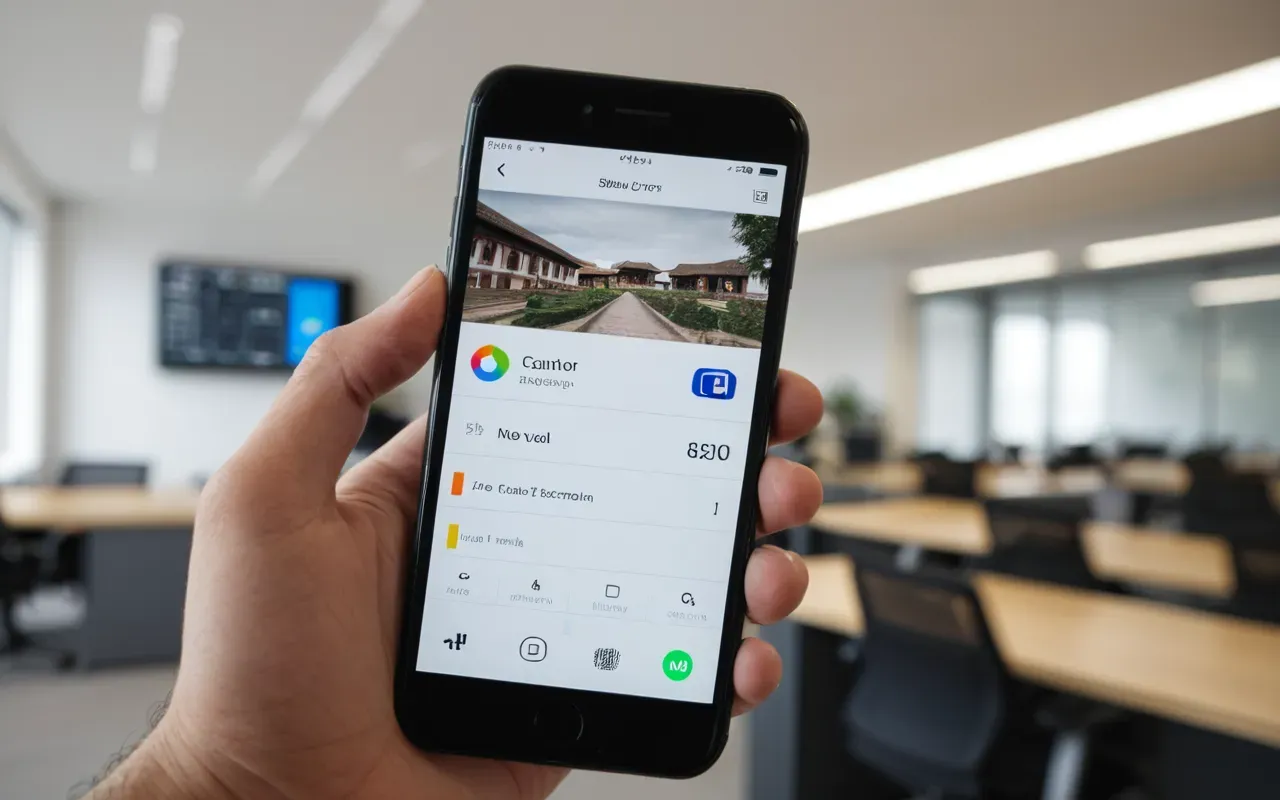 A close-up shot of a hand holding a modern smartphone in a bright, minimalist office setting. The screen is blurred but shows colorful interface elements suggesting an app. Soft natural light from a nearby window highlights the fingers and device edges.