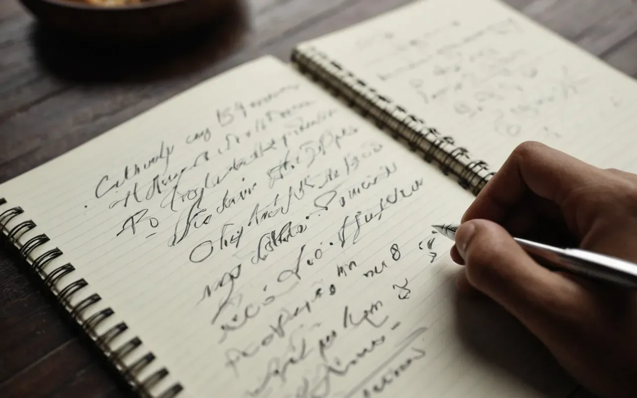 A close up view of a hand writing in an open notebook with a silver pen. The page shows blurred abstract scribbles and lines representing handwriting but no readable words or letters. Soft natural light from a window, wooden desk surface, calm atmosphere.