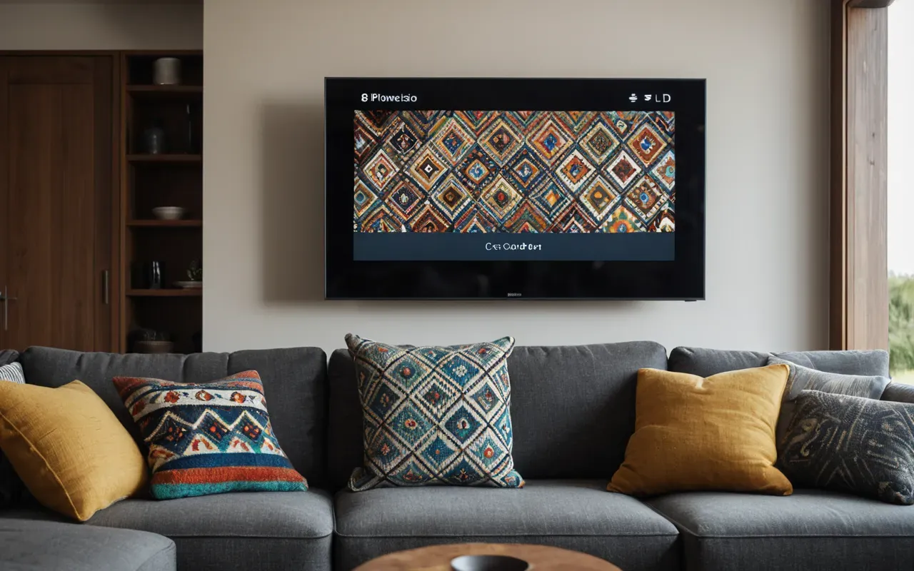 A cozy modern living room with a large television screen displaying abstract colorful shapes and geometric patterns. A person sits on a comfortable sofa holding a remote control, relaxed posture, soft ambient lighting from floor lamps, warm tones, no text or subtitles visible on the screen.