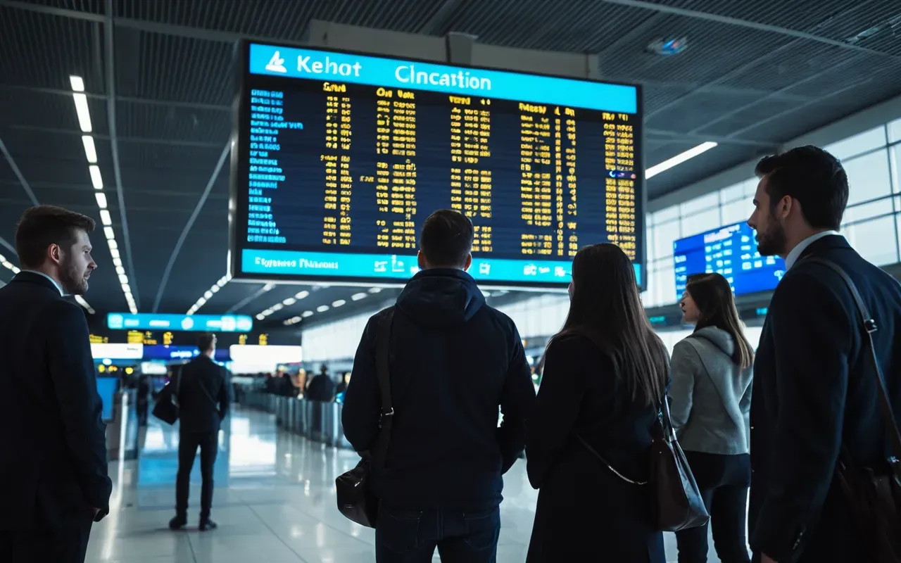 A group of young professionals standing in a modern airport terminal at night, looking up at a large digital flight information board with glowing blue lights reflecting on their faces.
