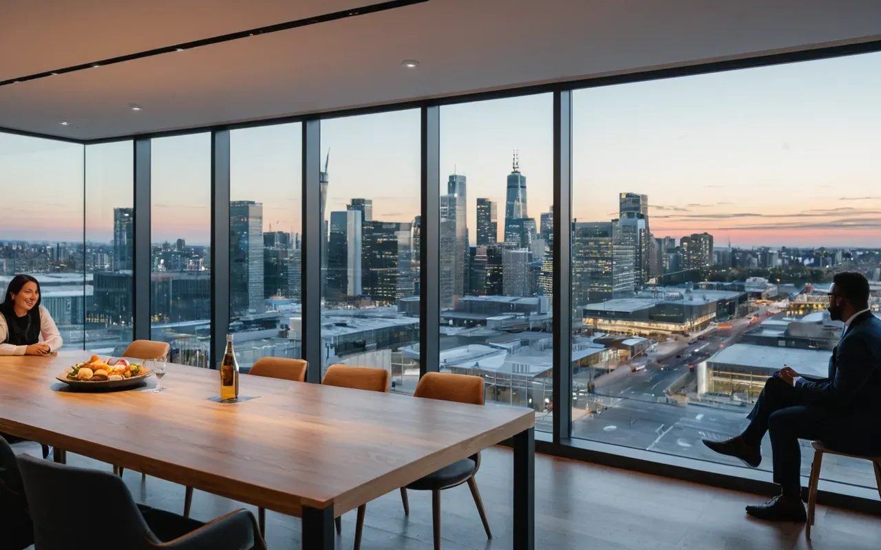 A modern bright office space with a large glass wall showing a city skyline at dusk. Several diverse adults are seated around a wooden table, engaged in lively discussion and gesturing animatedly while holding notebooks.