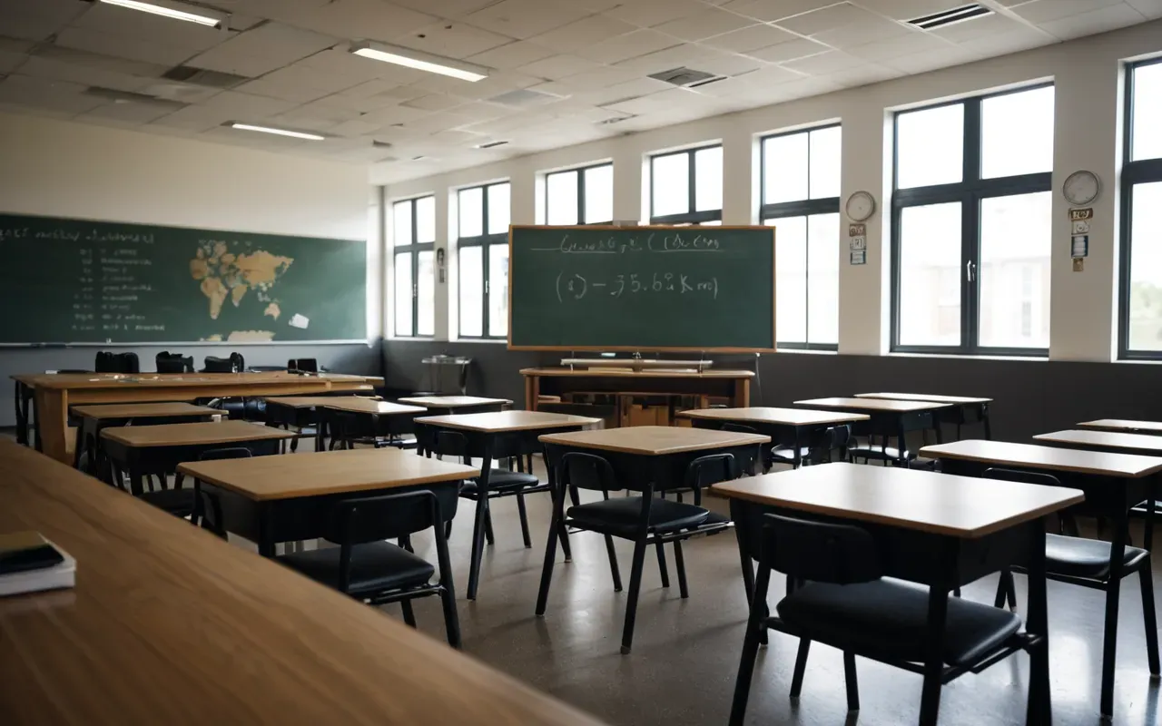 eğitim hamlesi ve kariyer gelişimi A modern classroom with diverse students engaged in a discussion, natural light streaming through large windows, contemporary furniture, and a collaborative atmosphere.