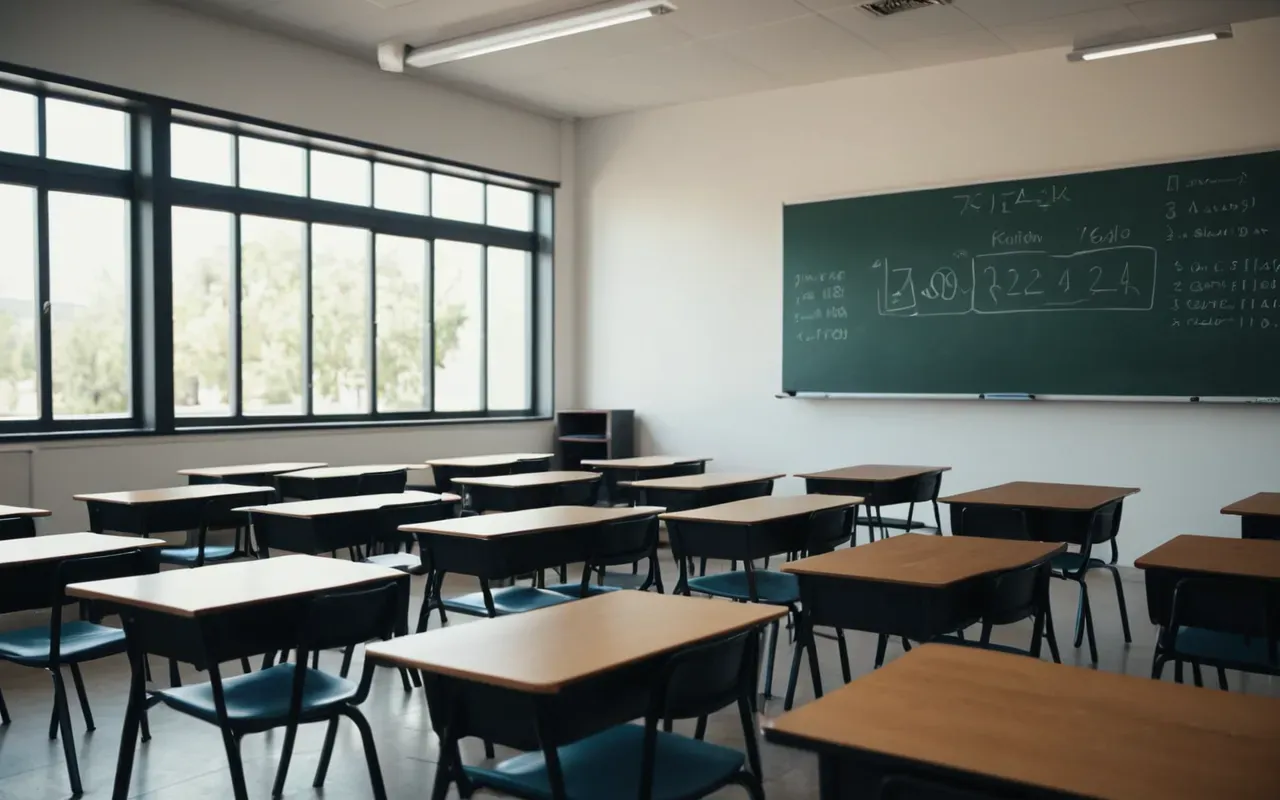 A modern classroom with rows of empty desks facing a large interactive whiteboard that displays colorful geometric shapes and abstract diagrams. Bright natural light streams in from floor-to-ceiling windows.