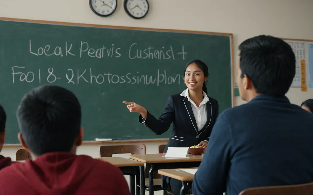 A modern language classroom with a teacher facilitating an active group discussion among students who are speaking and gesturing enthusiastically under soft ambient lighting.