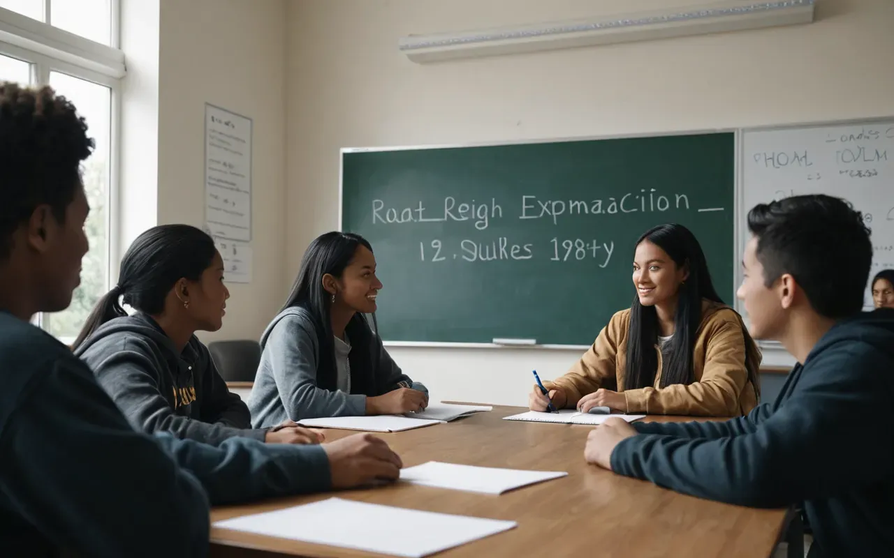 A modern language classroom with diverse students engaging in a dynamic discussion around a large table, soft natural lighting from windows, whiteboard visible but empty of text, focus on facial expressions and body language showing active participation.