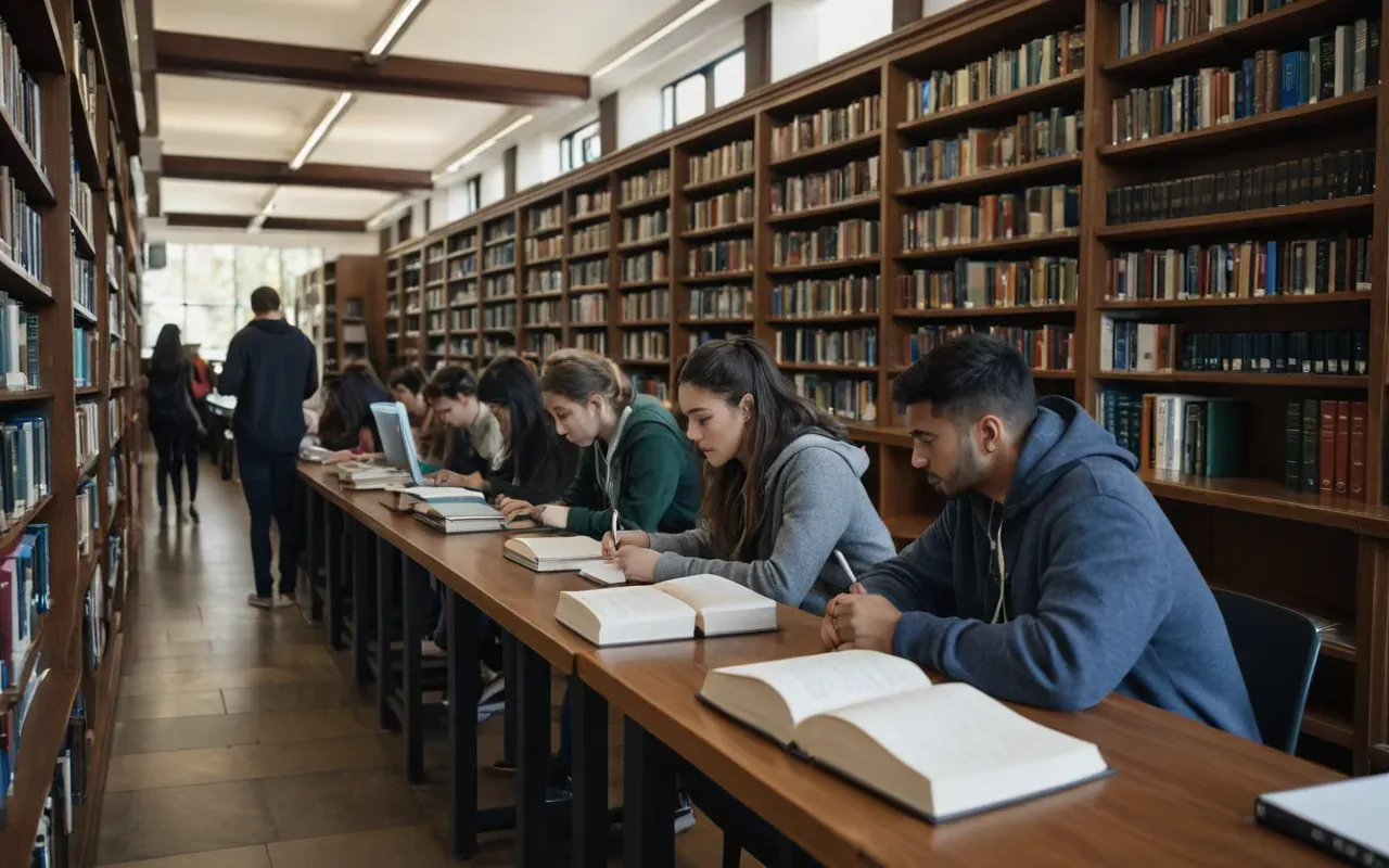 akademik kalite standartları ve öğrenci memnuniyeti A modern library with students studying and collaborating, surrounded by books and digital learning tools, emphasizing a rich academic environment.