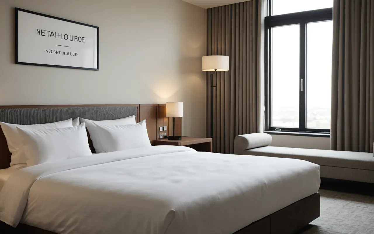 dil okulu seçimi A modern minimalist hotel suite interior with a made bed and neutral linens near large windows in soft morning light
