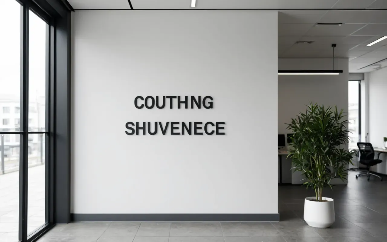 ingilizce kursu tarihi A modern minimalist office interior with clean white walls and a single potted plant near large glass windows in soft daylight