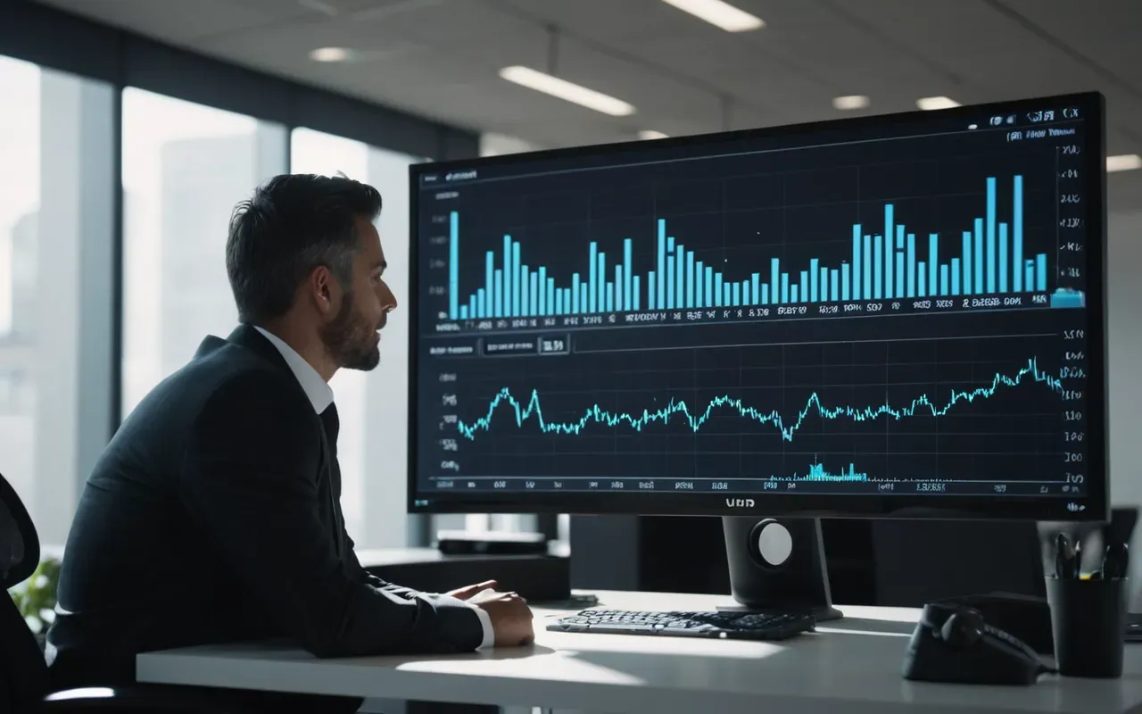 A modern office setting with a person sitting at a sleek desk looking at a glowing holographic display of speech bubbles and data charts floating in the air. The lighting is cool blue and ambient, creating a futuristic but realistic atmosphere focused on digital interaction.