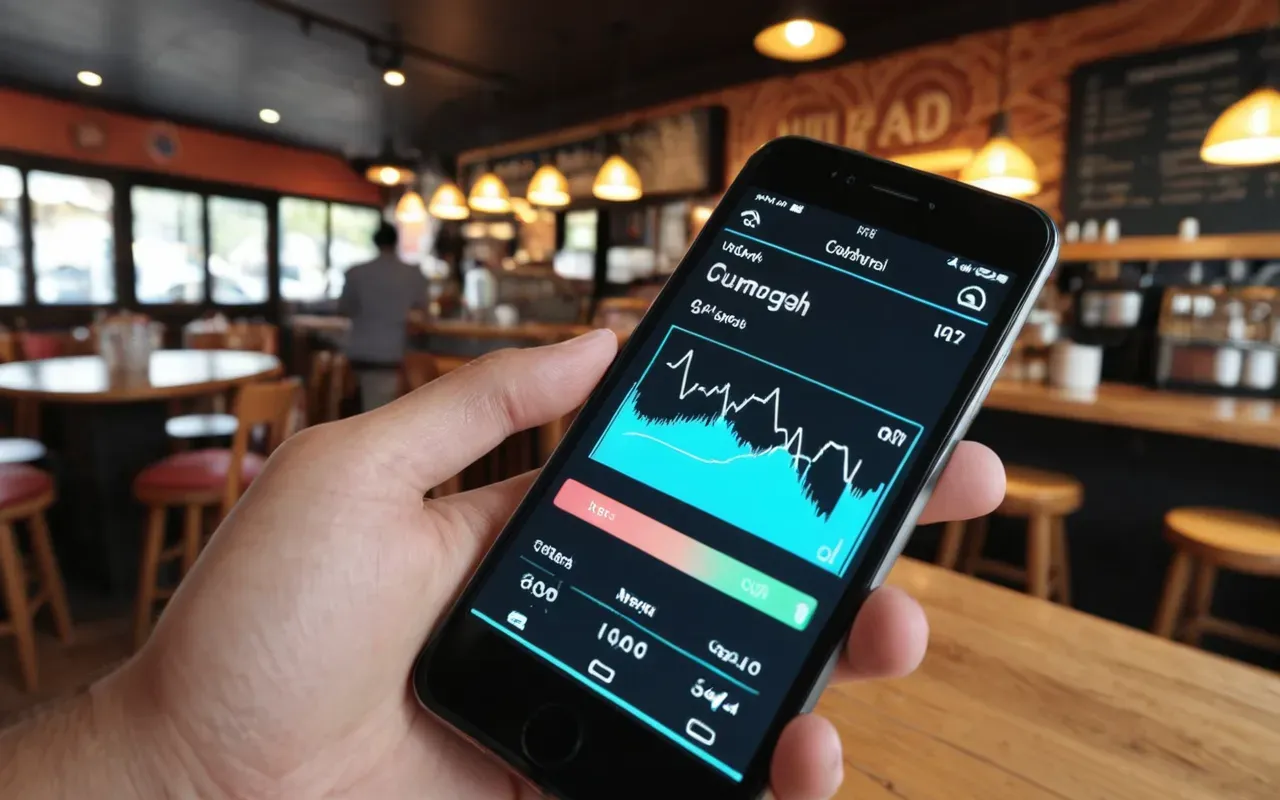 A modern smartphone held by a hand in a bright cafe, displaying an abstract colorful interface with speech bubbles and waveform graphics, soft natural lighting.