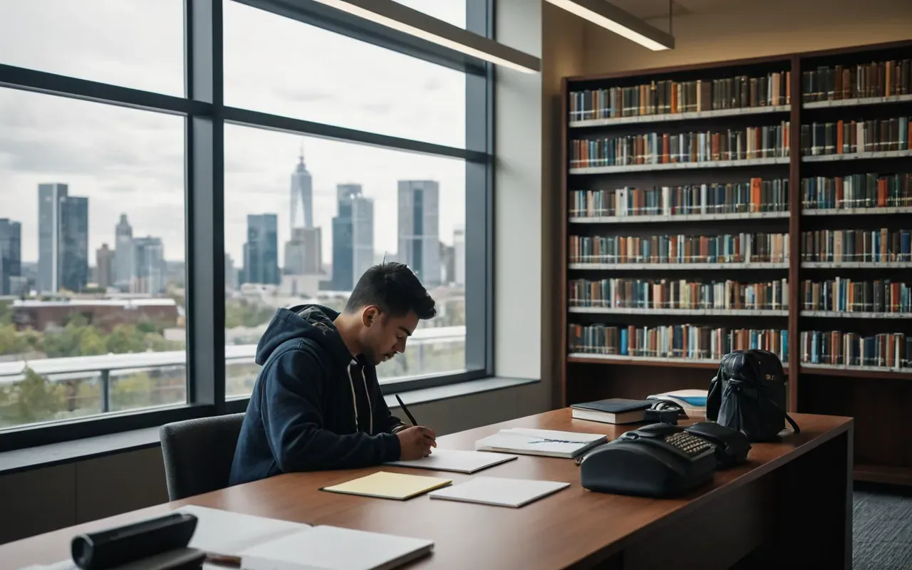 A modern university library with a student studying intently at a desk near large windows showing a city skyline outside during the daytime.