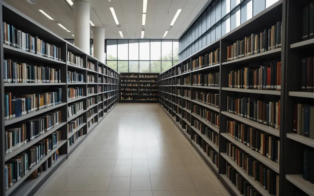A modern university library with rows of empty shelves where language books used to be. Soft natural light from large windows illuminates the quiet space.