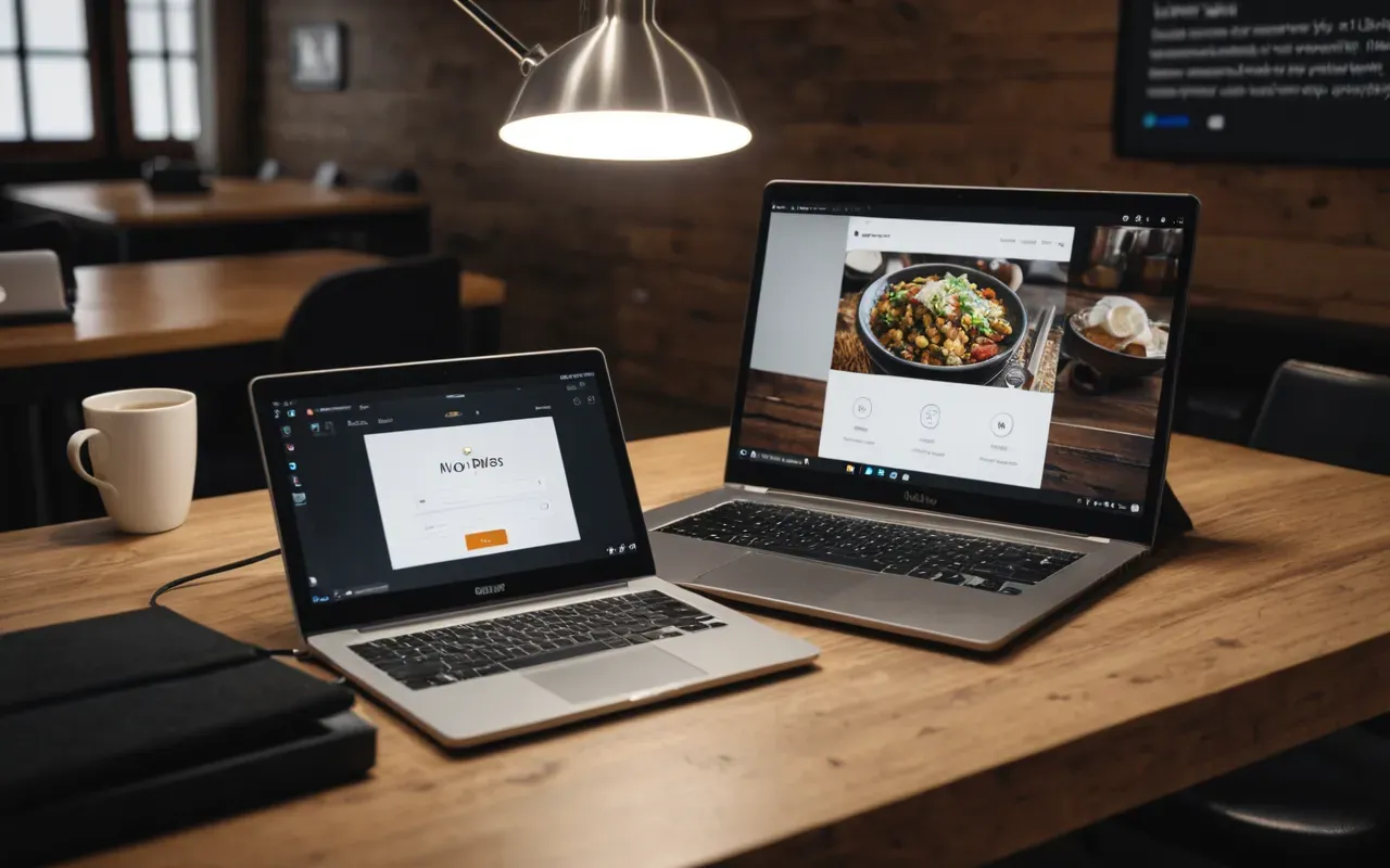A modern workspace with a laptop and tablet side by side on a clean wooden desk. Soft ambient lighting from an overhead lamp creates a warm atmosphere. The devices are powered off to emphasize the physical space rather than screen content.