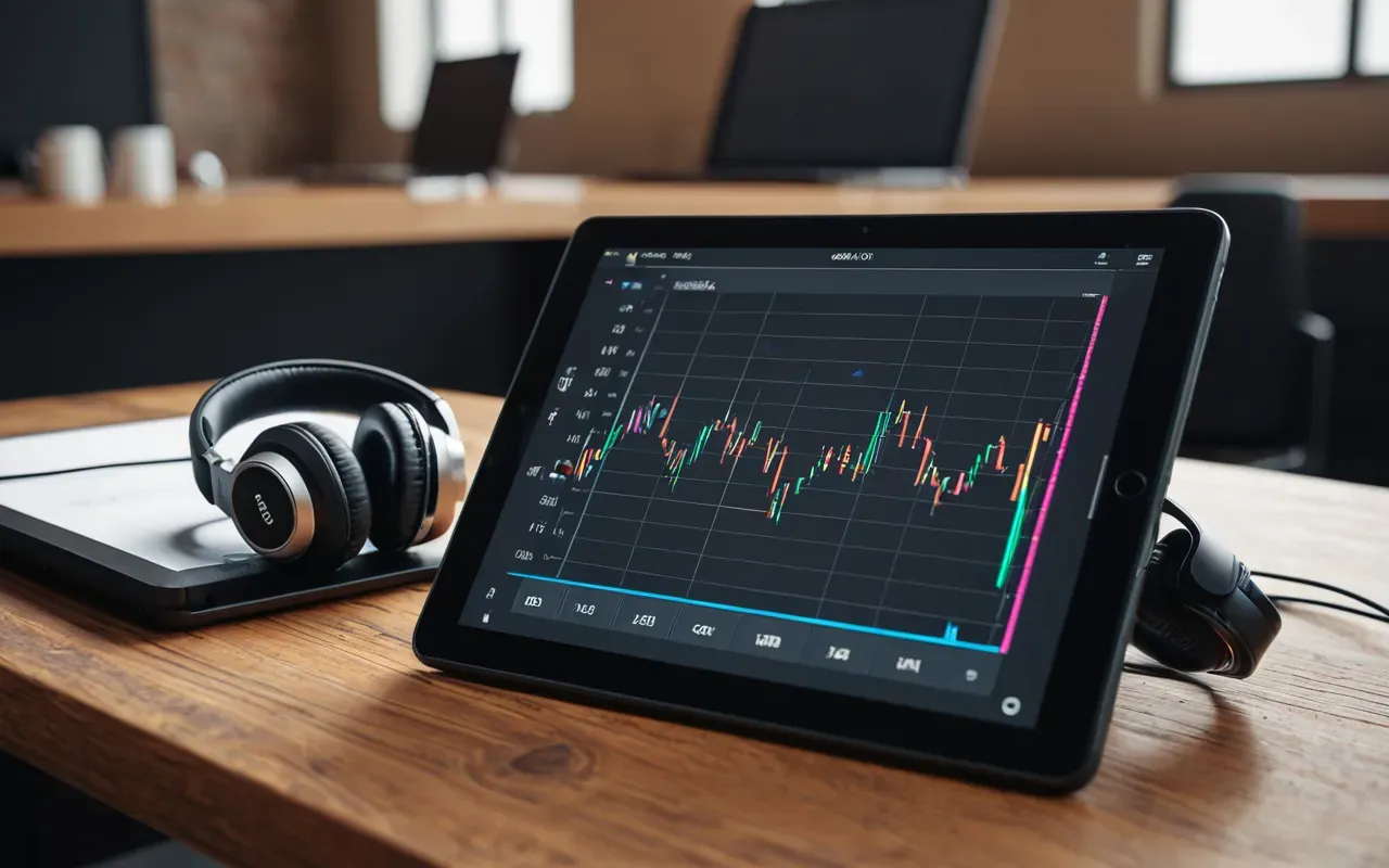 A modern workspace with a tablet displaying colorful abstract graphics and a pair of over-ear headphones resting on a clean wooden table surface, soft natural light from the side window creating gentle shadows
