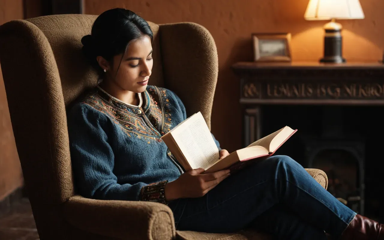 A person sitting in a comfortable armchair reading from a physical book with warm lighting. The scene is cozy and focused on the act of learning without any digital devices visible nearby.