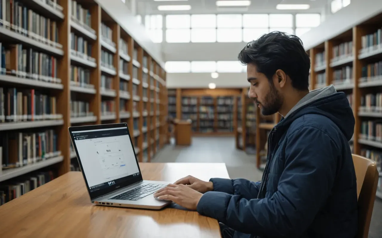 A person studying on a laptop in a quiet modern library setting with soft natural light and minimal distractions.