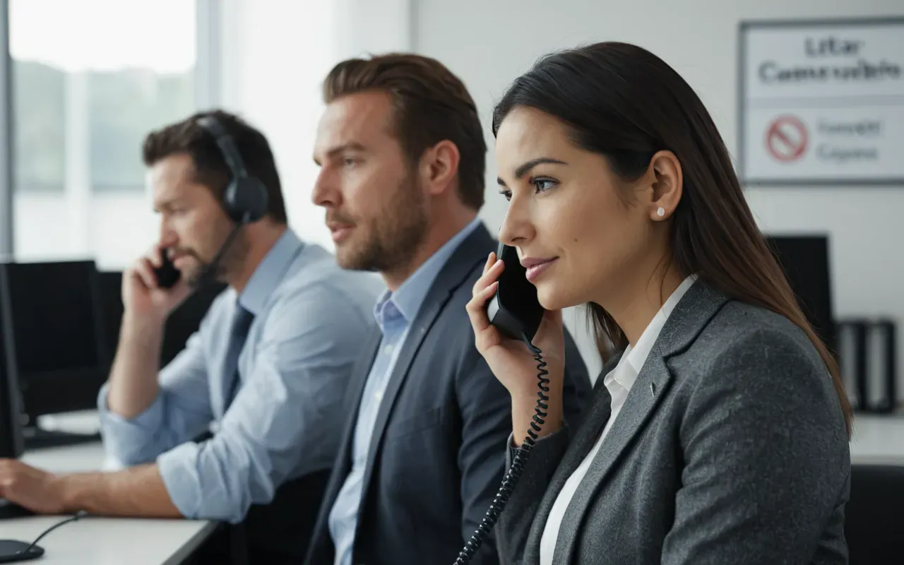 A professional in a modern office speaking on the phone with another colleague. Both look focused and engaged in a business conversation.