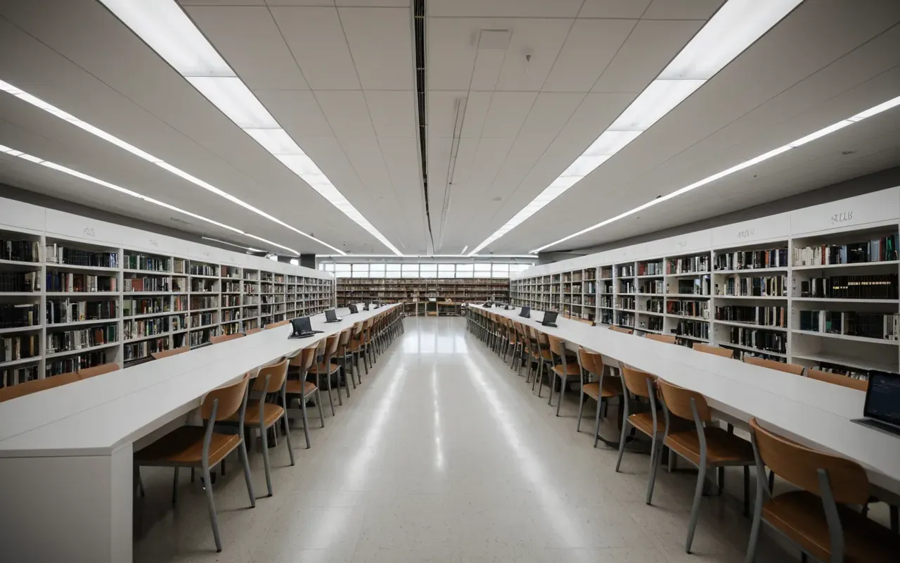 A wide shot of a modern library interior with rows of clean white shelves and study tables, soft diffused lighting from overhead fixtures creating an inviting atmosphere for focused learning