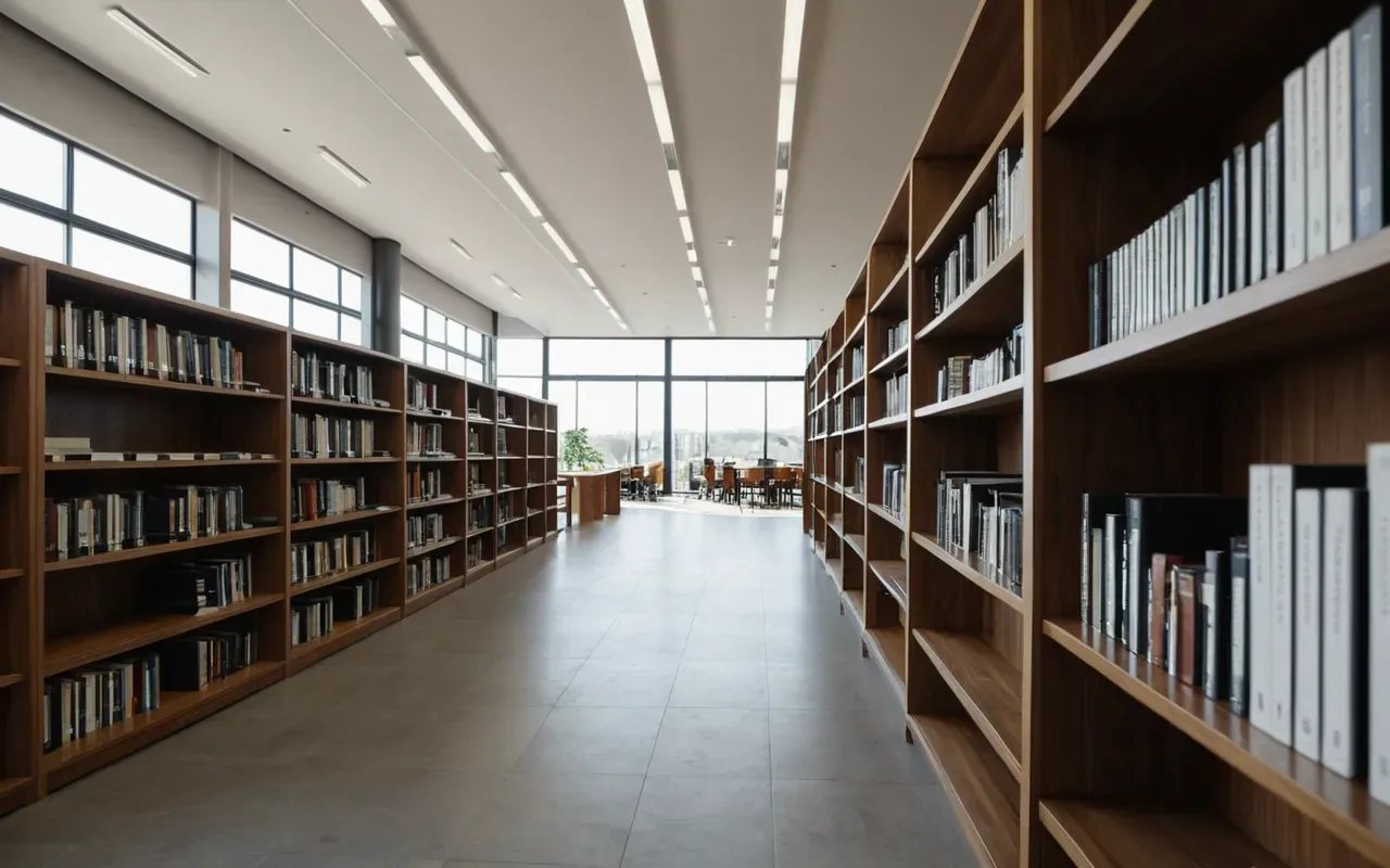 osmanlidan bugune dil egitimi tarihi A wide shot of a modern minimalist library interior with tall wooden shelves and soft natural daylight filtering through large windows