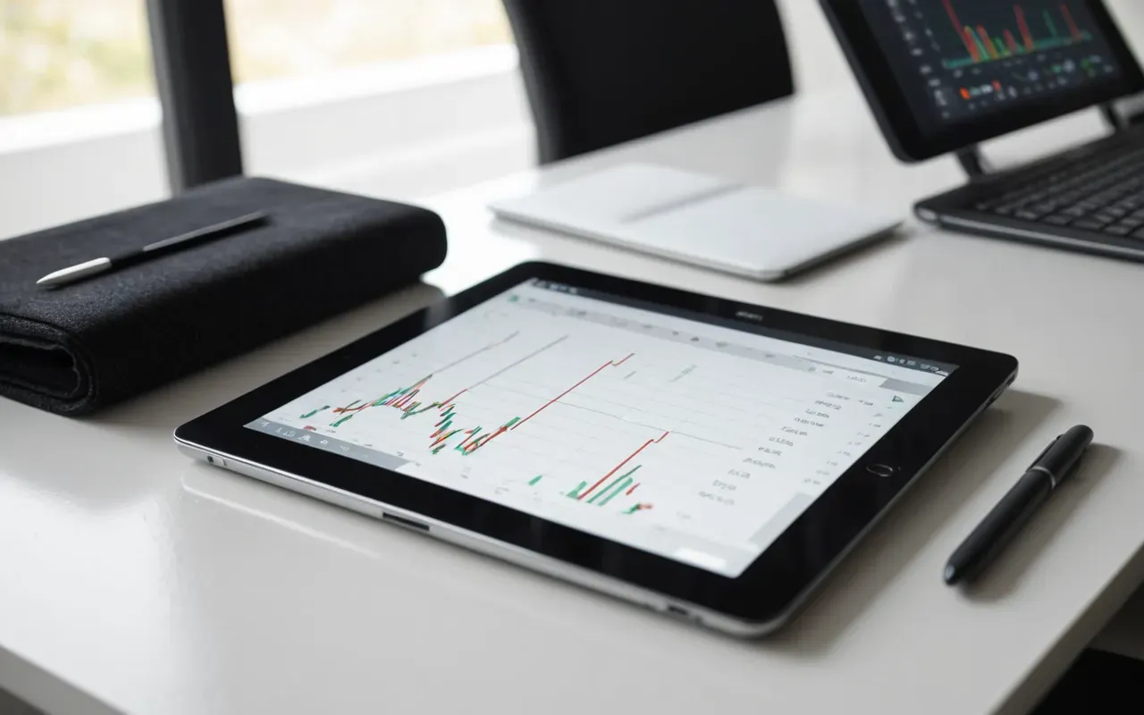 ogrenci calisma alani Close up of a modern desk with an open notebook and a digital tablet showing abstract graphs, soft natural light from the side, clean minimalist workspace setup