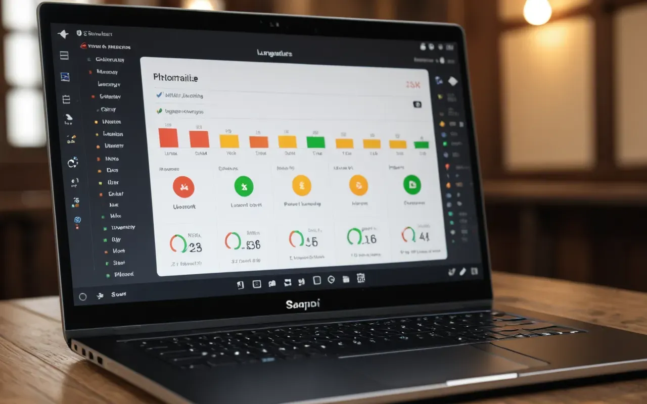 Close-up of a modern laptop screen displaying an online language learning platform interface with progress charts and interactive elements placed on a clean wooden desk surface under warm ambient lighting