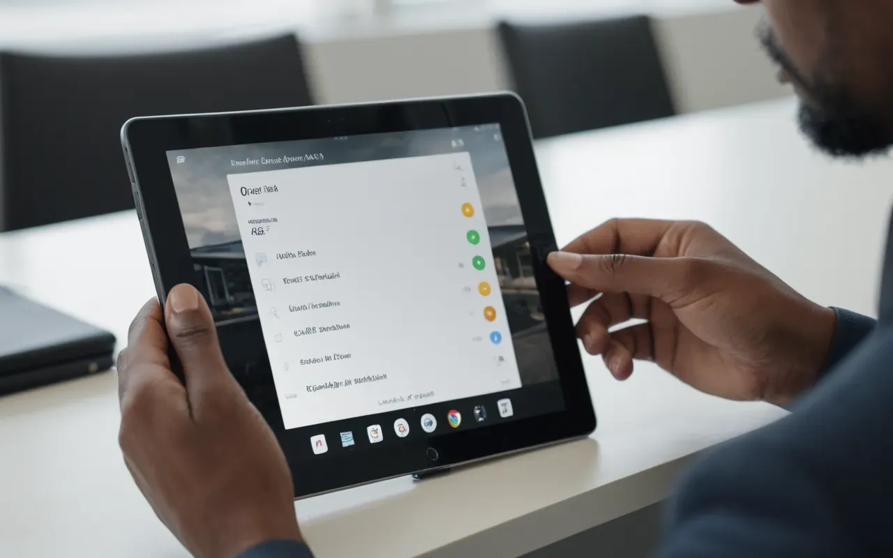 Close-up of a person's hands holding a modern tablet device in a bright contemporary office setting, soft focus background and clean composition with neutral tones.