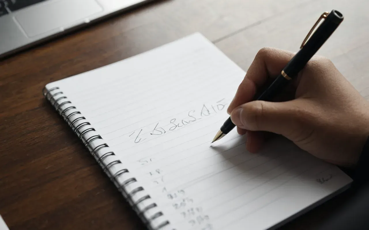 Close-up of a person's hands writing in a notebook with a pen. Clean white paper, minimal desk setup with soft natural lighting from the side creating gentle shadows.