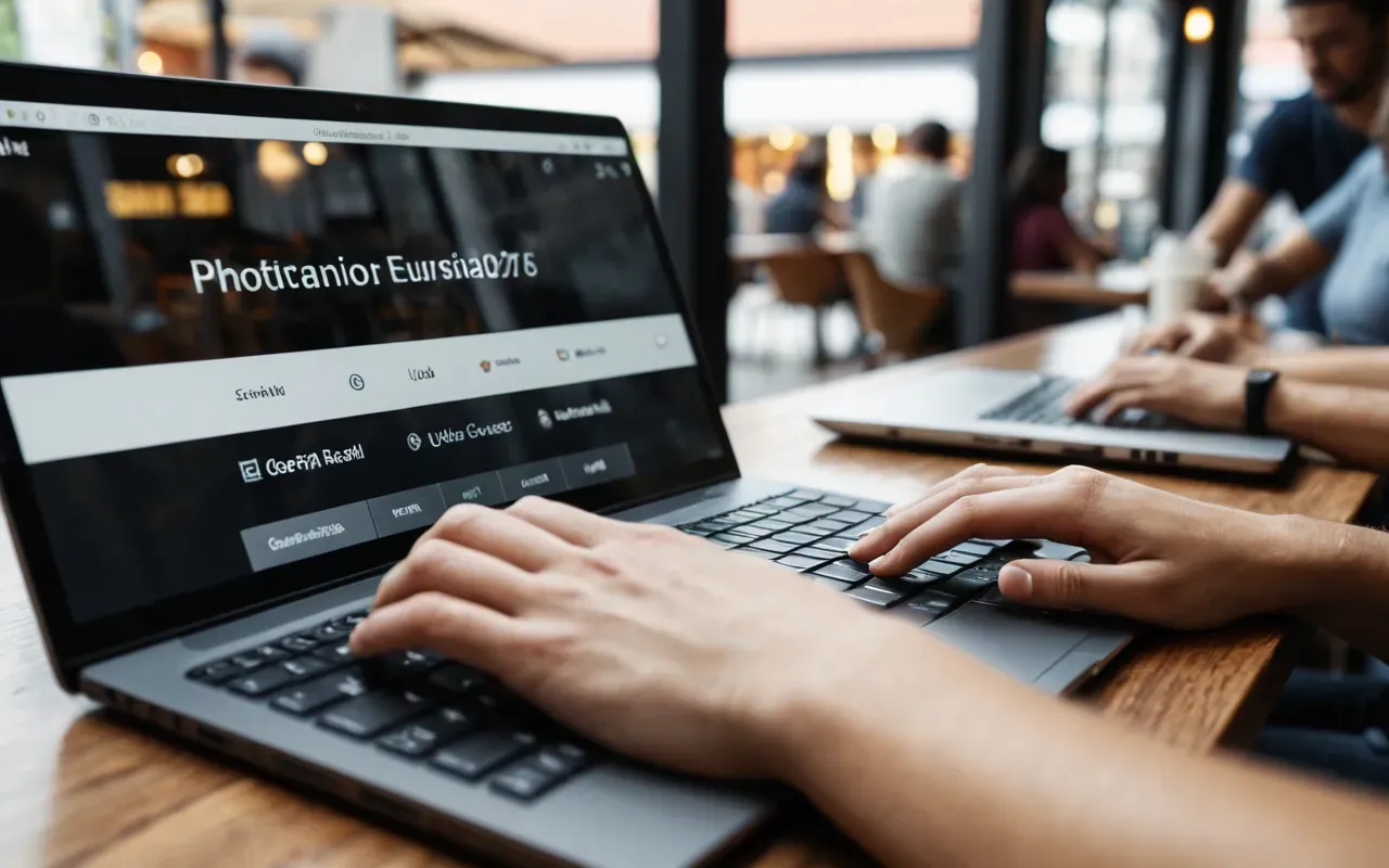 Close-up of hands typing on a laptop keyboard in a bright modern cafe setting with blurred background of other people working, natural window light highlighting the screen glow