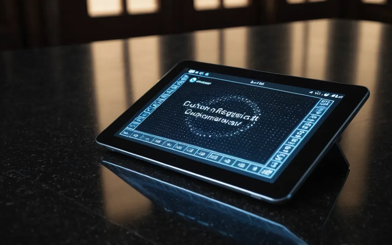 Editorial still life of a modern tablet device showing an artificial intelligence interface with floating holographic elements above it on dark reflective surface under dramatic blue lighting creating futuristic atmosphere