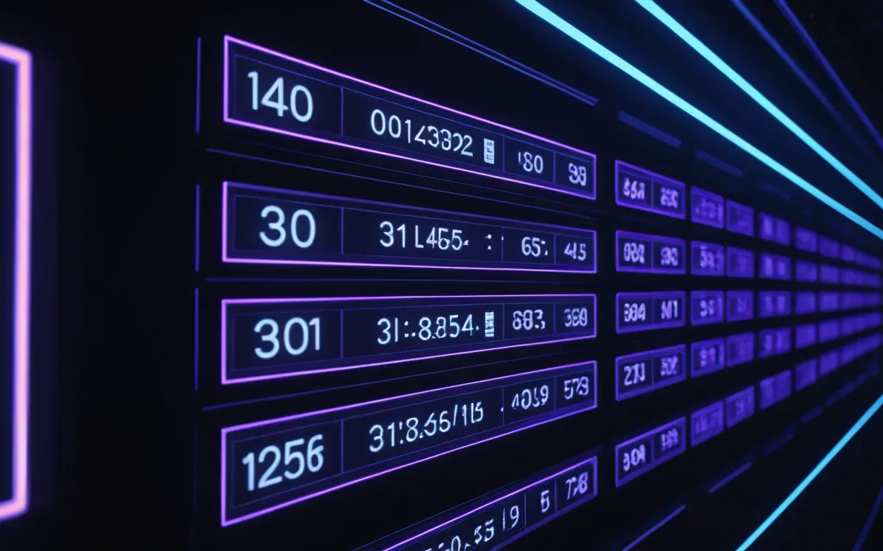 gelecekteki dil egitimi teknolojisi Futuristic abstract visualization of digital data streams and connection nodes in a dark room with blue and purple neon lighting effects and sleek modern interface elements