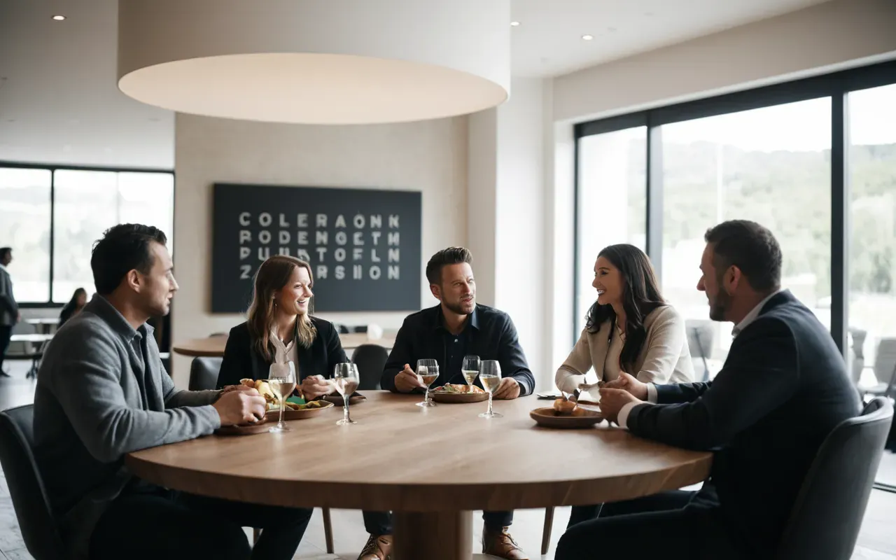 Group of people sitting around a round table in a modern bright room engaged in conversation with soft natural light and neutral interior design elements.