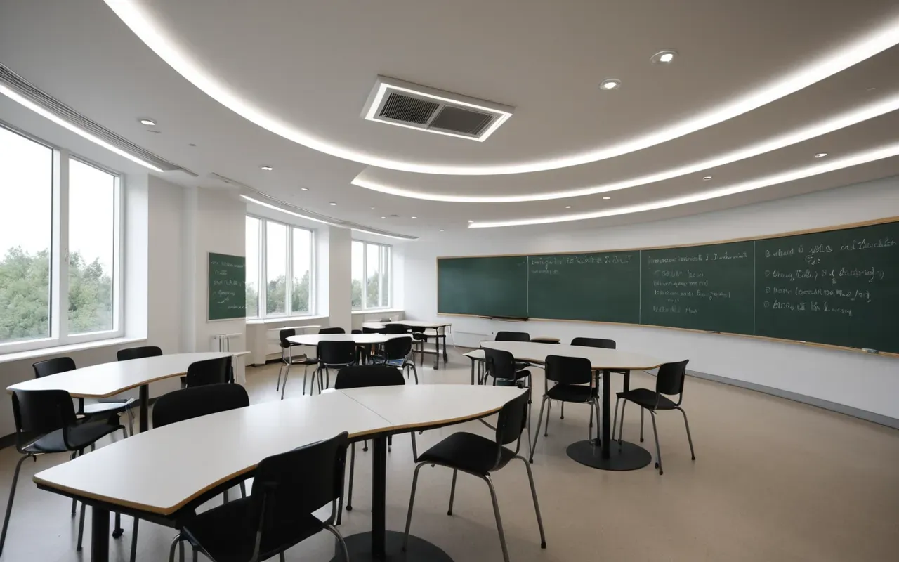 Interior of a modern language classroom with curved white desks and digital interactive boards, soft ambient lighting from ceiling fixtures, contemporary minimalist furniture style