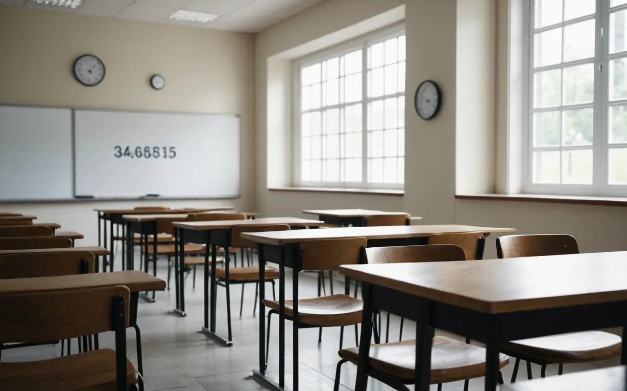 modern dil sınıfi Interior of a modern minimalist classroom with empty wooden chairs arranged in rows, soft diffused daylight from large windows, clean neutral tones and calm atmosphere