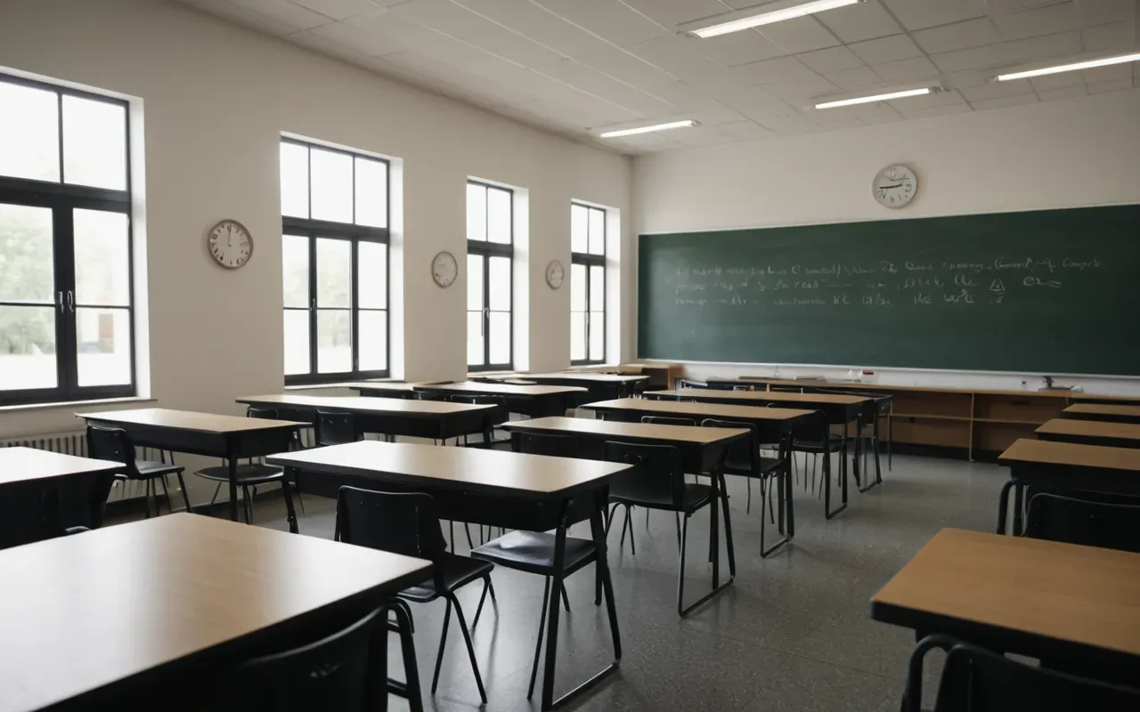Interior of a modern minimalist classroom with rows of desks facing forward, soft natural daylight from large windows, neutral color palette, editorial photography style showing empty chairs and clean white walls