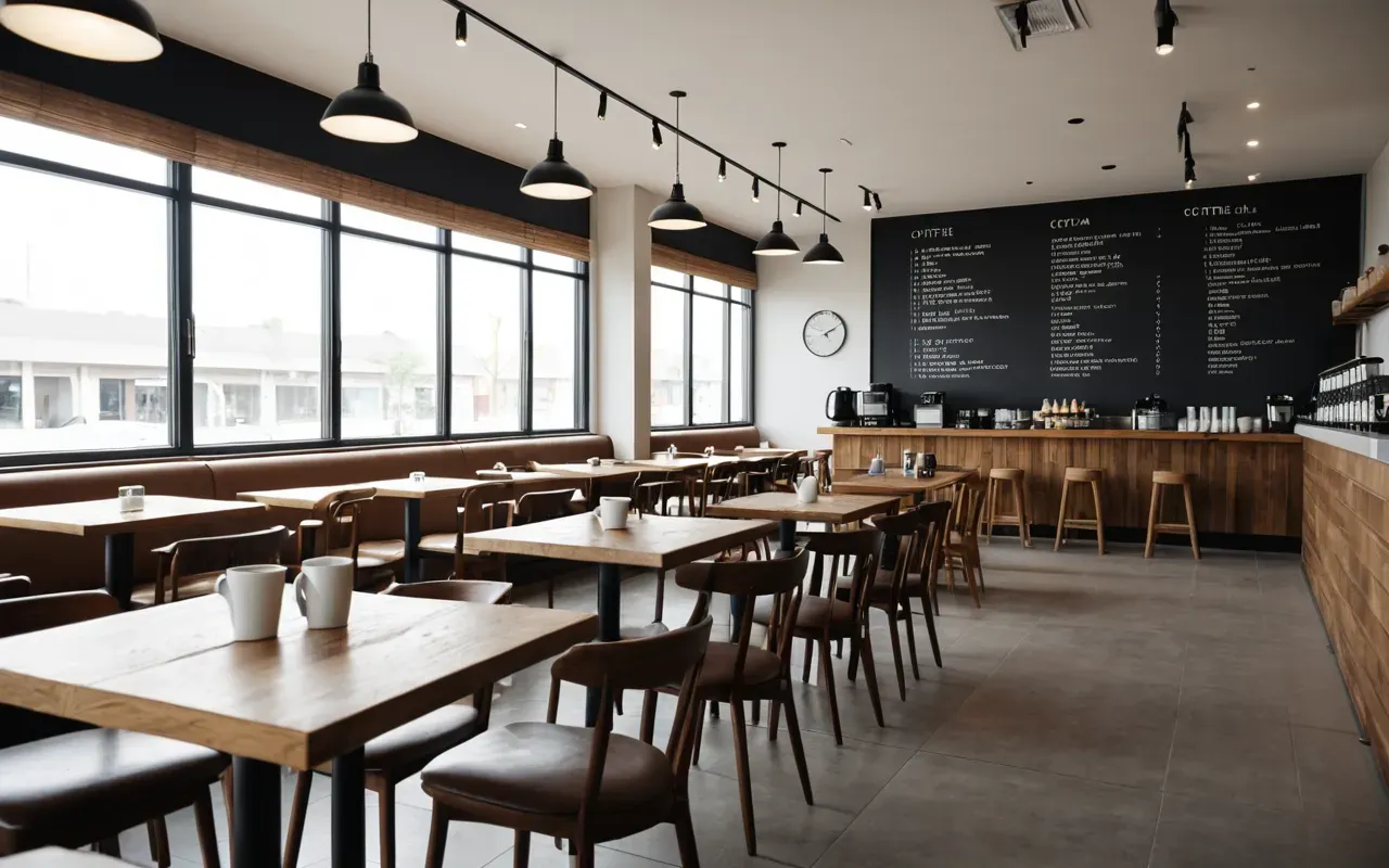 Interior of a modern minimalist coffee shop with soft natural daylight streaming through large windows, clean wooden tables and chairs, neutral color palette and editorial photography style.