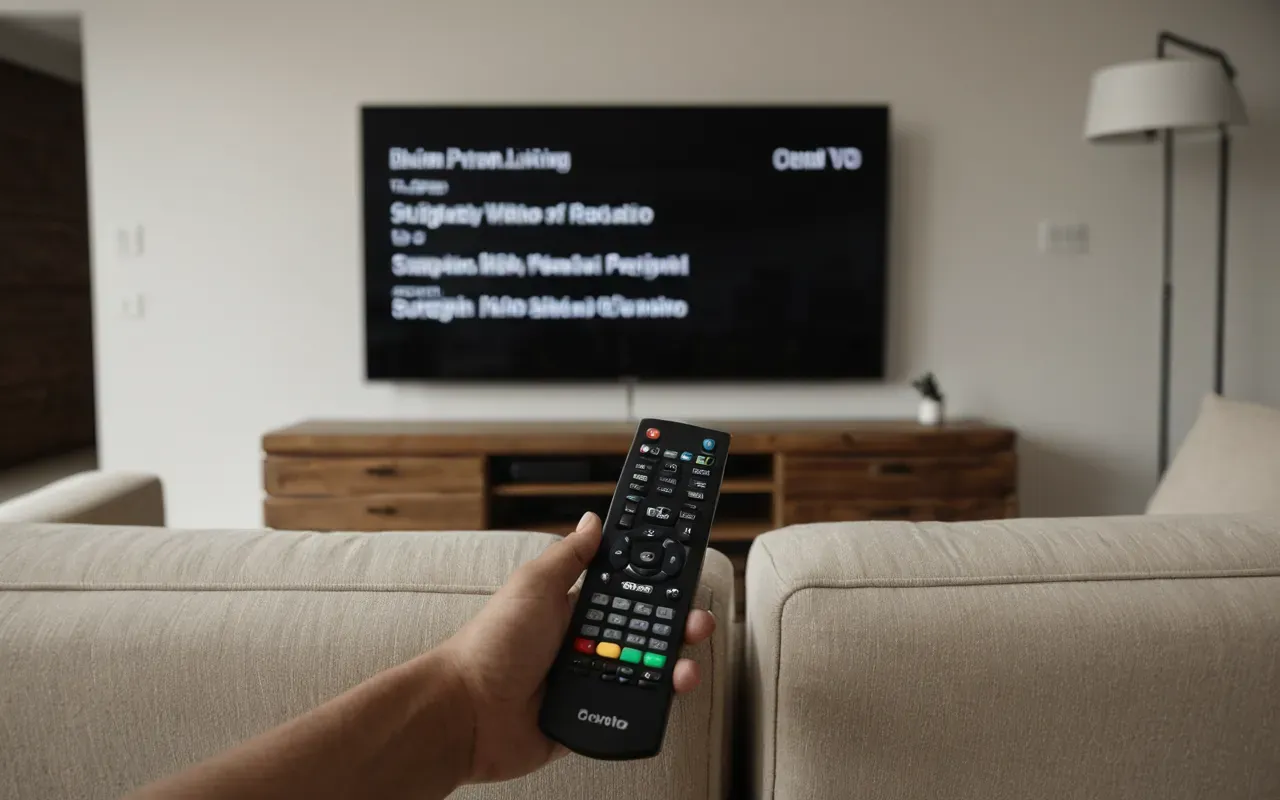 pasif dinleme tuzağı Interior of a modern minimalist living room with a large television screen off and a person sitting on a neutral beige sofa holding a remote control in hand, soft natural daylight from the window.