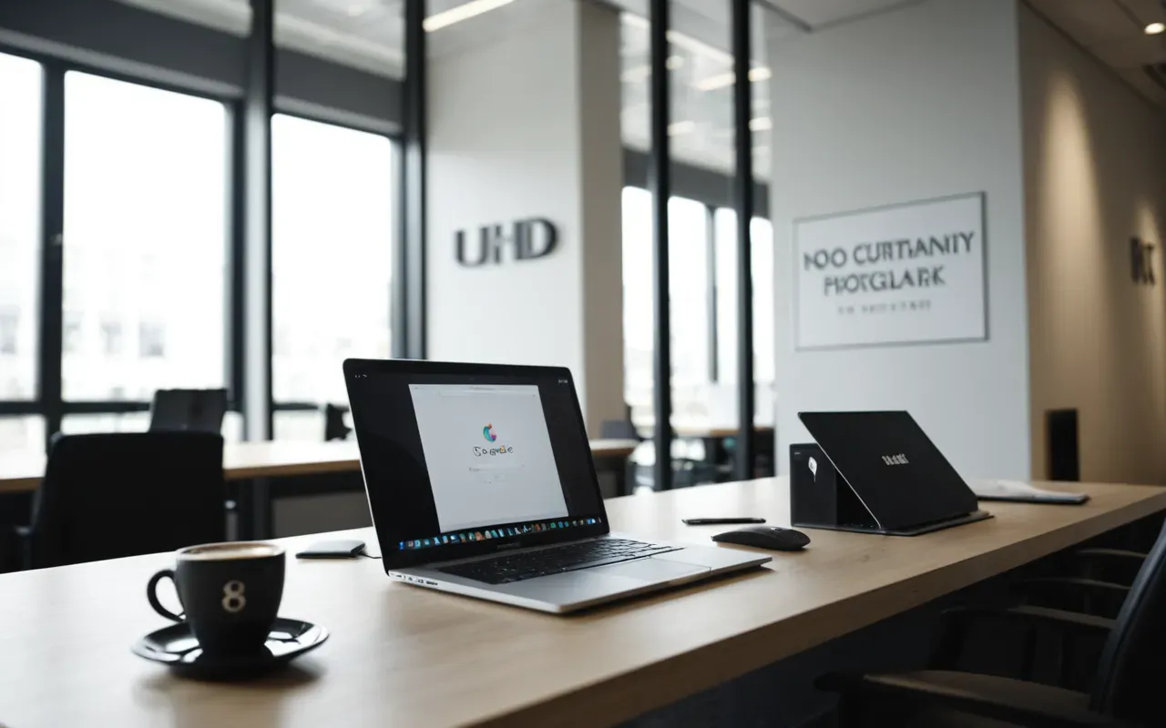 Modern minimalist office interior with glass walls and natural light streaming in from large windows. A clean desk setup with a laptop, notebook, and coffee cup. Soft ambient lighting creating a professional atmosphere.
