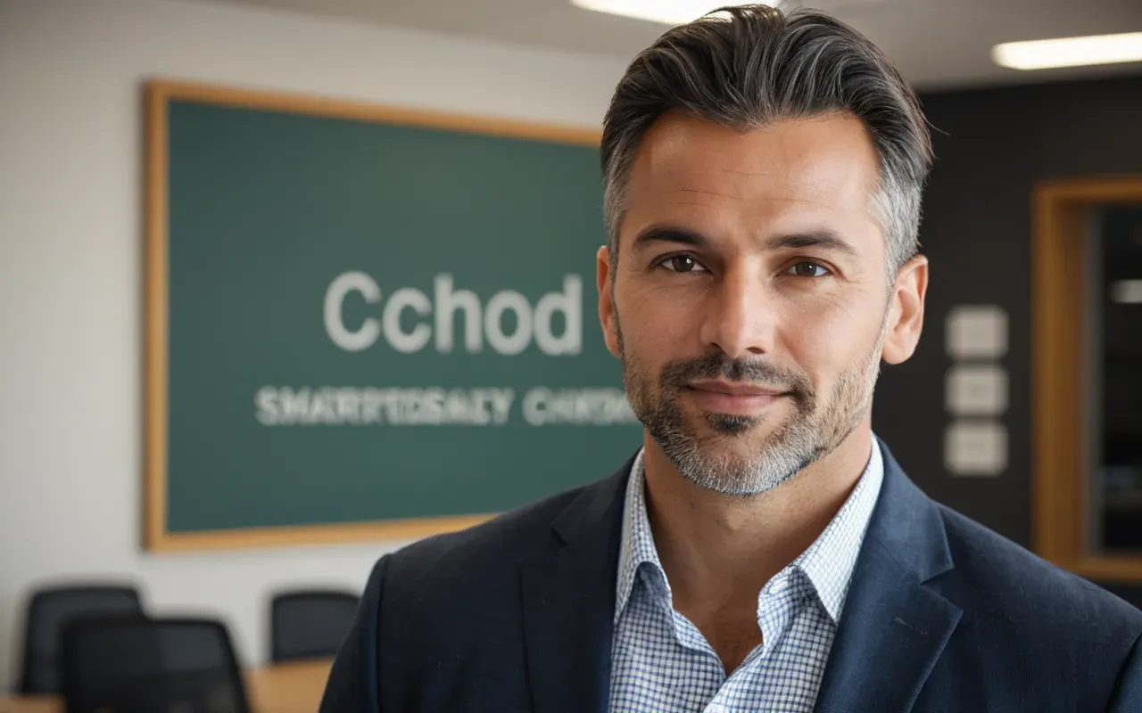 dil ogretmeni profili Portrait of a professional educator in a modern office setting wearing smart casual attire soft focus background with warm indoor lighting and clean lines