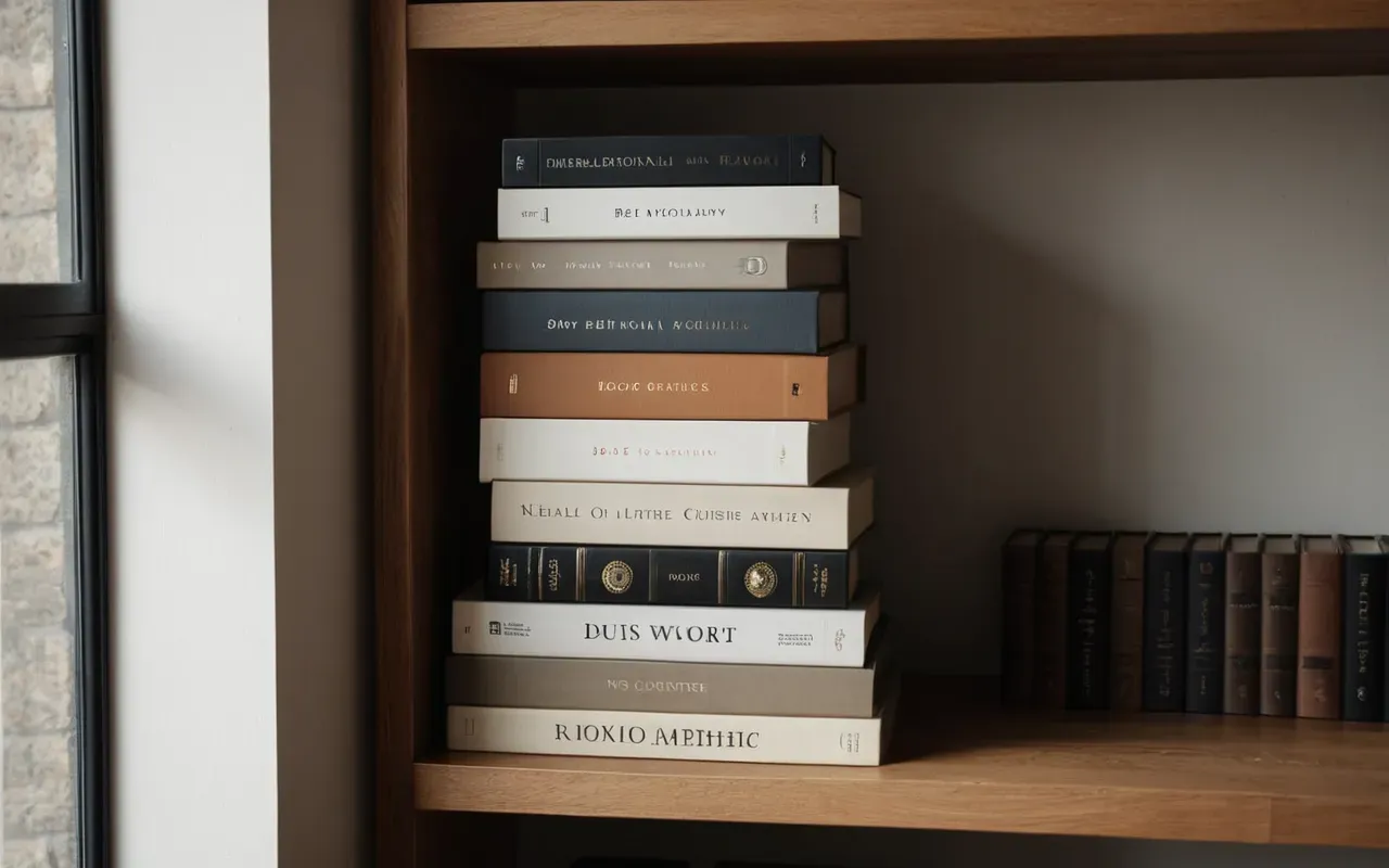 dil ders kitaplari Stack of modern hardcover books with neutral colored covers on a wooden shelf, soft shadow play from window light, minimalist interior design aesthetic