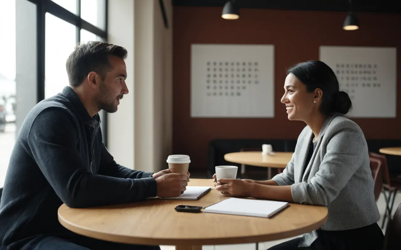 Two people engaged in an animated discussion at a modern round table with coffee cups and notebooks, natural daylight streaming through large floor-to-ceiling windows, warm neutral color palette