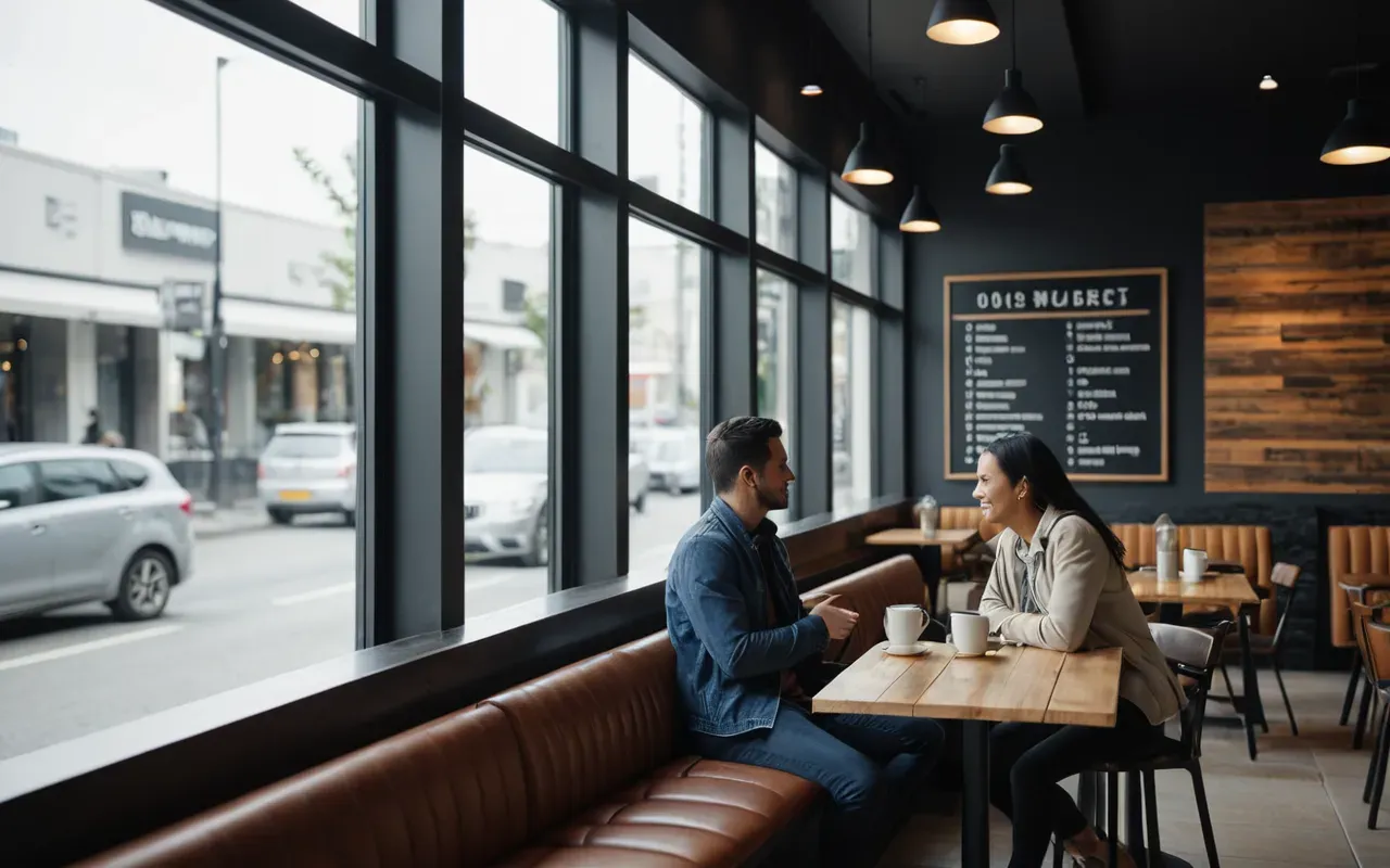 dil pratig ortami Two people having a casual conversation in a modern cafe setting with natural light streaming through glass windows and minimalist decor elements