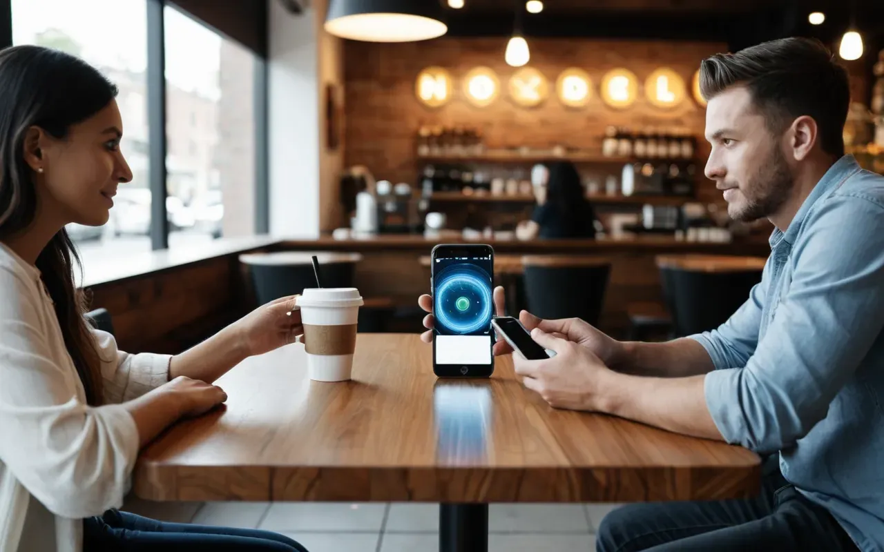 Two people sitting at a modern cafe table having a conversation, holding smartphones with abstract audio wave visualizations floating between them, bright ambient light.