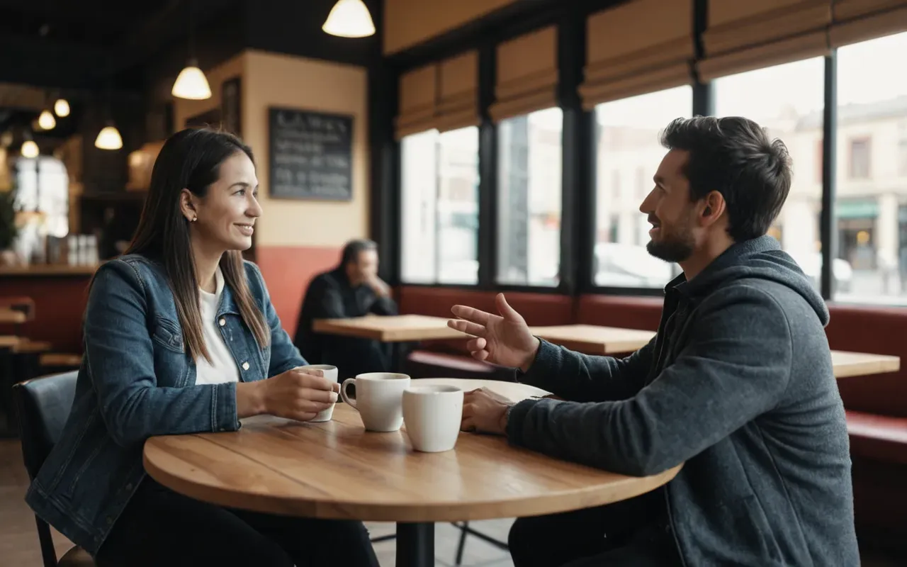 Two people sitting at a modern cafe table having a conversation. One person is gesturing with their hands while the other listens attentively holding a coffee cup. Blurred background of city street outside window, natural daylight, friendly and engaging mood.